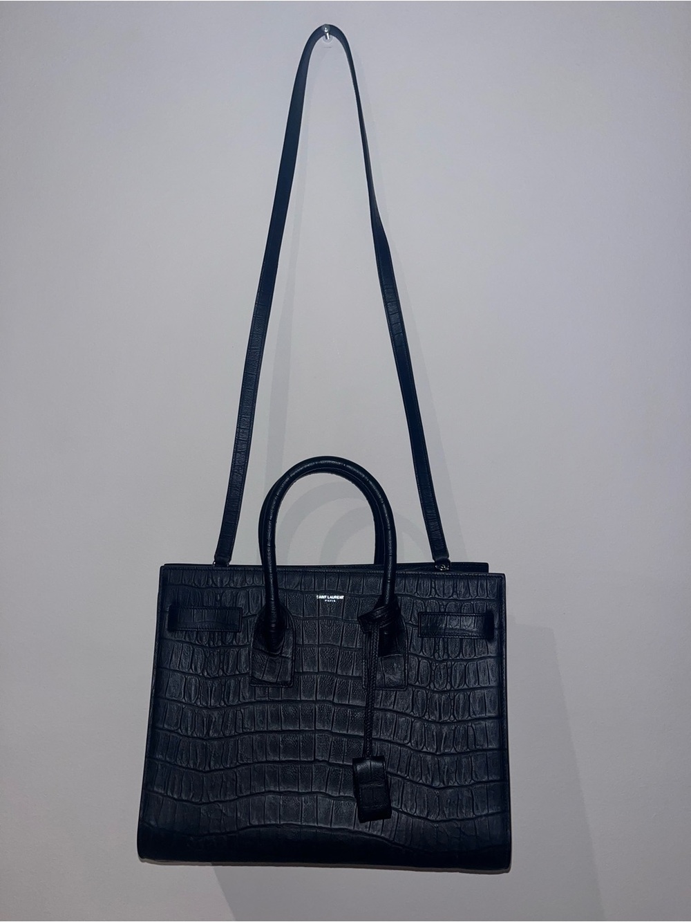 Saint Laurent Sac de Jour in Black Croc-Embossed Leather with Removable Strap